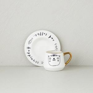 English Home Cute Cat New Bone China 2 Parça 1 Kişilik Kahve Fincan Takımı 90 ml Siyah-Gold